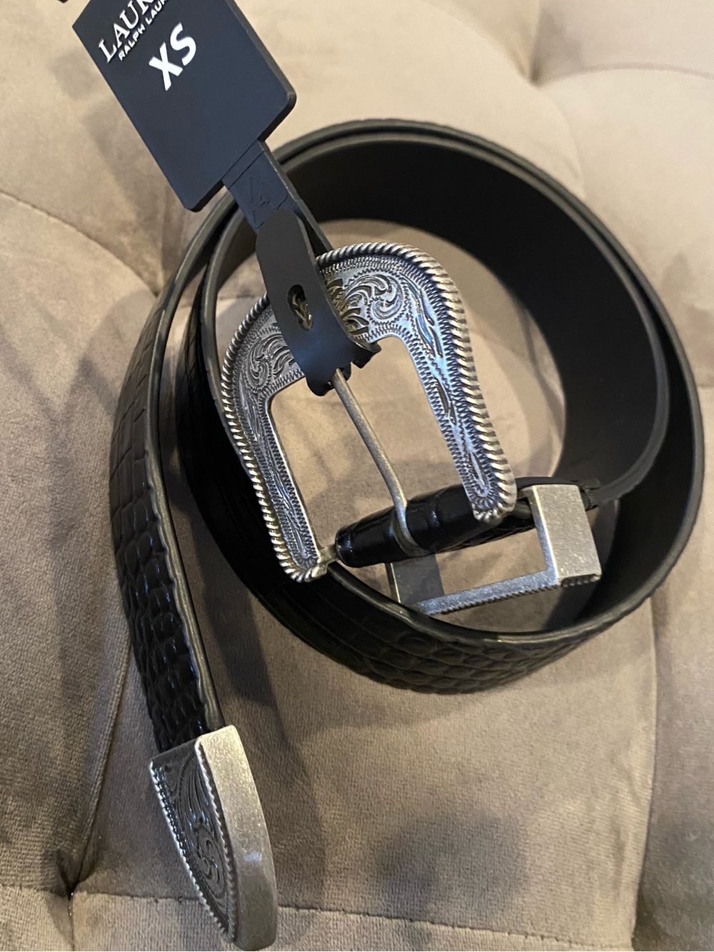 Lauren Ralph Lauren Black Textured Belt with Silver Western Buckle